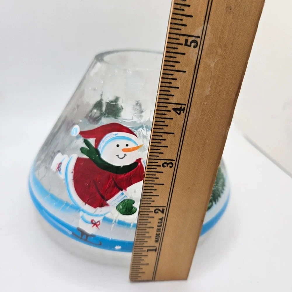 Hand Painted  Crackle Glass Candle Lamp Shade Snowman Church Winter Scene